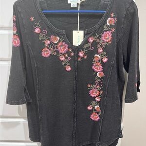Sundance Women’s Cuyamaca Black Top with Pink Floral Embroidery
